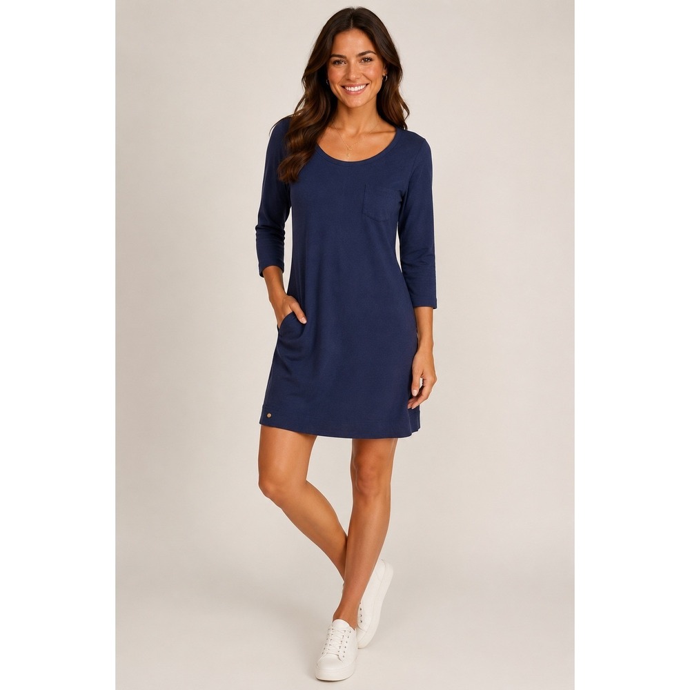 Lilly Pulitzer Navy Blue Etta Shift Dress 3/4 Sleeve Cotton Terry Pockets Small